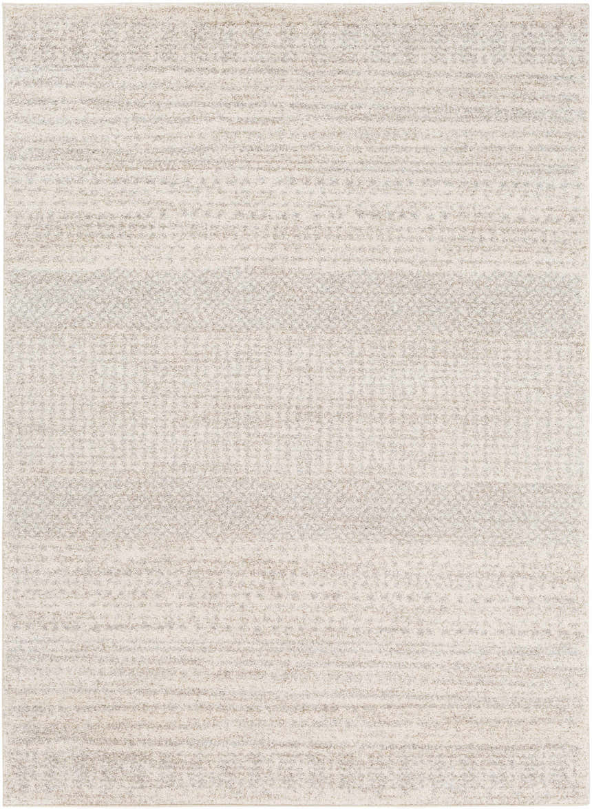 Close-up of the Harpursville Area Rug. Light gray, gray, and light brown horizontal stripes create a contemporary design. Design-Rectangle-576