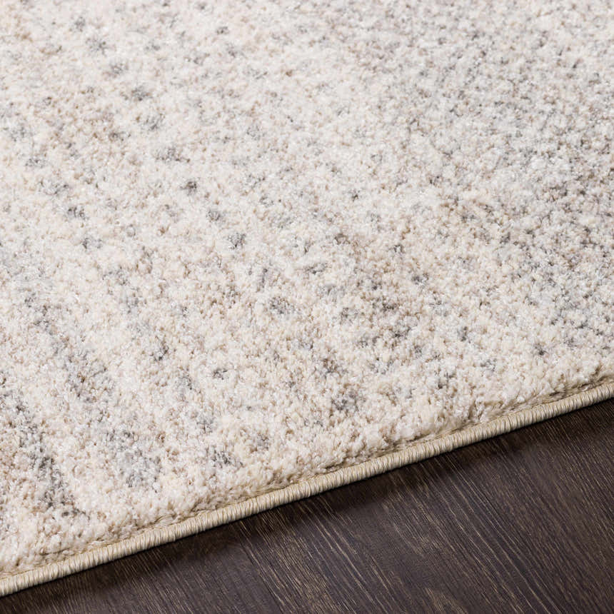 Close-up of the Harpursville Area Rug showing its light gray, gray, and light brown contemporary design and soft texture. Texture