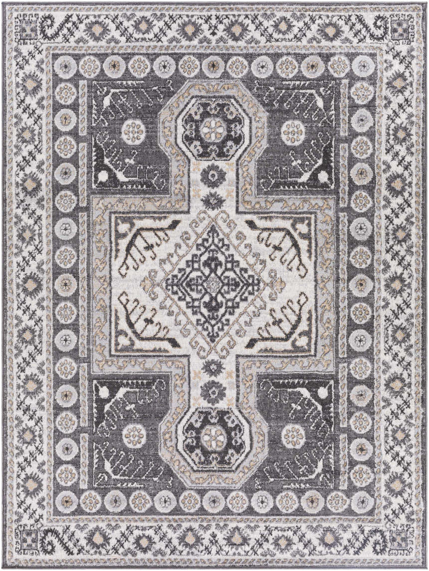Close-up of the Harrah Gray Cross Rug, featuring a traditional gray, cream, and tan oriental pattern. Design-Rectangle-537