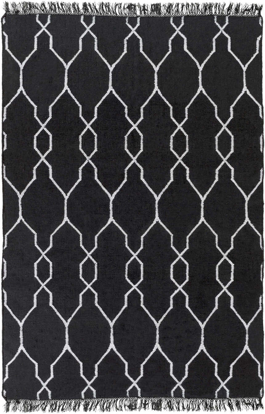 Close-up of the Hawthorne Indoor & Outdoor Rug. Black rug with a white geometric trellis pattern and fringed edges. Design-Rectangle-58