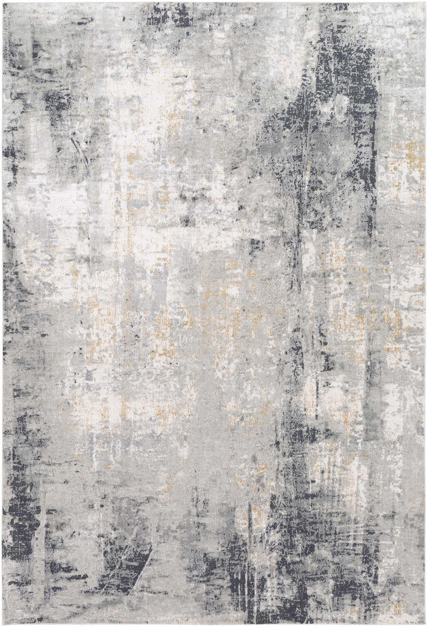 Close-up of the Hayle Area Rug. Contemporary design in charcoal, gray, off white, and mustard tones. Abstract pattern. Design-Rectangle-5373