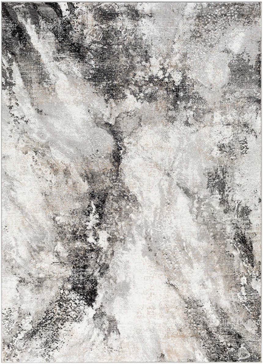 Close-up of a Contemporary Marble Area Rug - Clearance with black, gray, and ivory marbled abstract design. Design-Rectangle-537