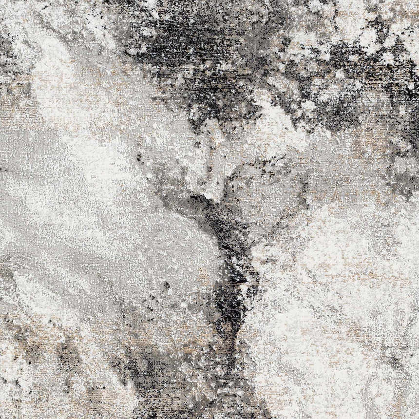 Close-up of the Contemporary Marble Area Rug, featuring a textured abstract pattern in black, gray, ivory, and brown. Swatch