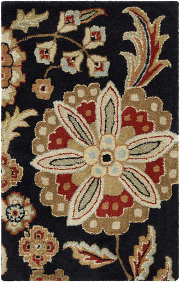 Close-up of Heaters Black Floral Wool Carpet. Features a detailed floral pattern in beige, brown, and red on a black background. Design-Rectangle-23