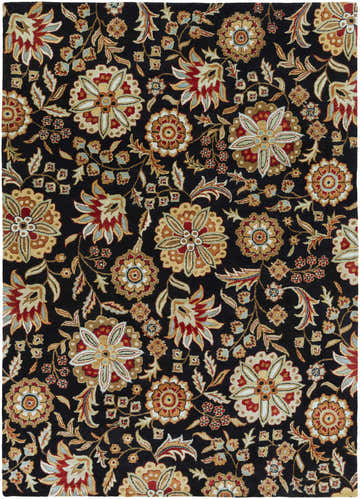 Detailed close-up of the Heaters Black Floral Wool Carpet. Features a black background with beige, red, and sage floral pattern. Design-Rectangle-811