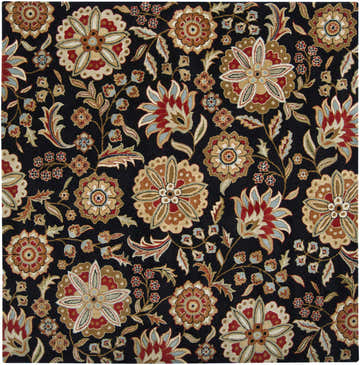 Close-up of the Heaters Black Floral Wool Carpet. Features a traditional floral pattern in black, brown, red, and beige tones. Design-Square-8