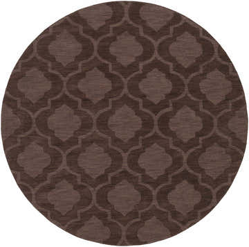 Close-up of the round Hedgesville Area Rug. Dark brown wool rug with a contemporary quatrefoil pattern. Design-Round-79
