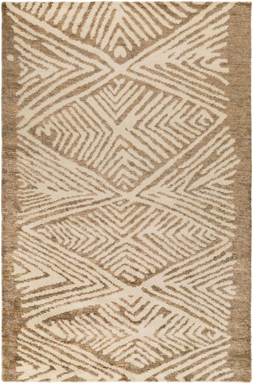 Close-up of the Hendon Jute Clearance Rug. Tan and ivory rug with a geometric, hand-woven design and textured jute material. Design-Rectangle-576
