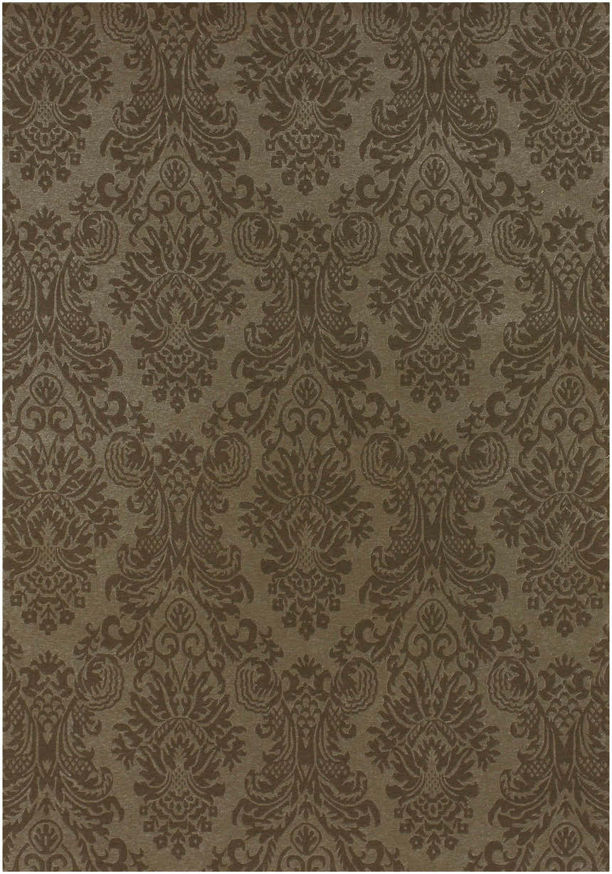 Close-up of the Heywood Area Carpet, showcasing its traditional brown damask pattern and hand-knotted texture. Design-Rectangle-5686
