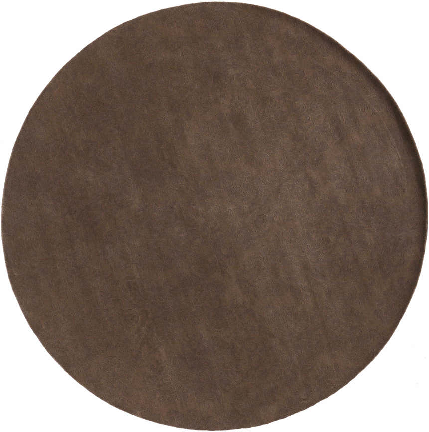 Close-up of a round, dark brown Heywood Area Carpet. Subtle floral pattern adds texture to this wool rug. Design-Round-8