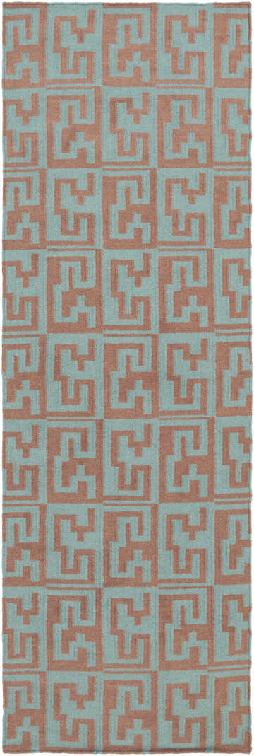 Close-up of the Hiawatha Area Rug. Hand-woven wool rug with a geometric pattern in dark brown and sage. Design-Runner-268