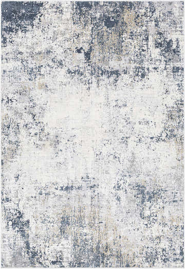 Close-up of the Higden Abstract Denim Blue Rug. Features a distressed pattern in denim, gray, beige, and white tones. Design-Rectangle-6796