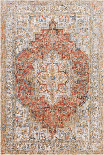 Detailed Himaao Area Rug close-up. Traditional oriental rug with beige, burnt orange, and cream colors. Design-Rectangle-5373