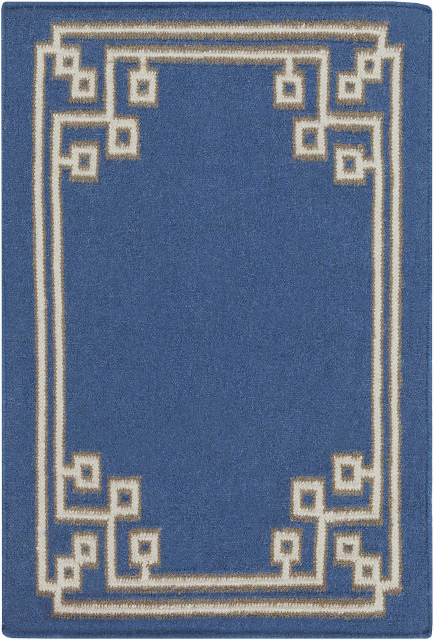 Close-up of the hand woven Hinckley Area Rug. Dark blue wool with a light beige and gray geometric border. Design-Rectangle-23
