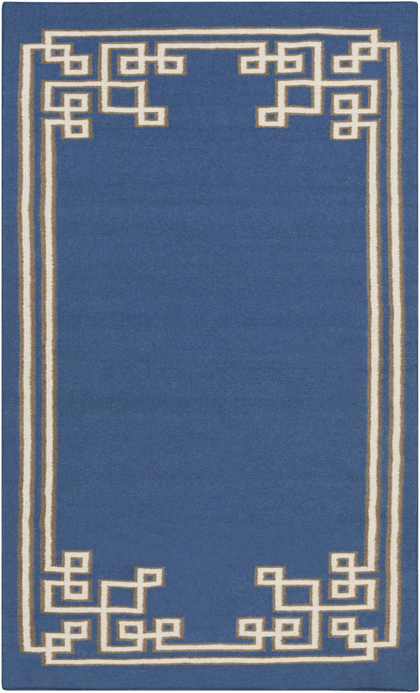 Close-up of the Hinckley Area Rug. Dark blue wool rug with a light beige and gray geometric border. Hand woven. Design-Rectangle-58
