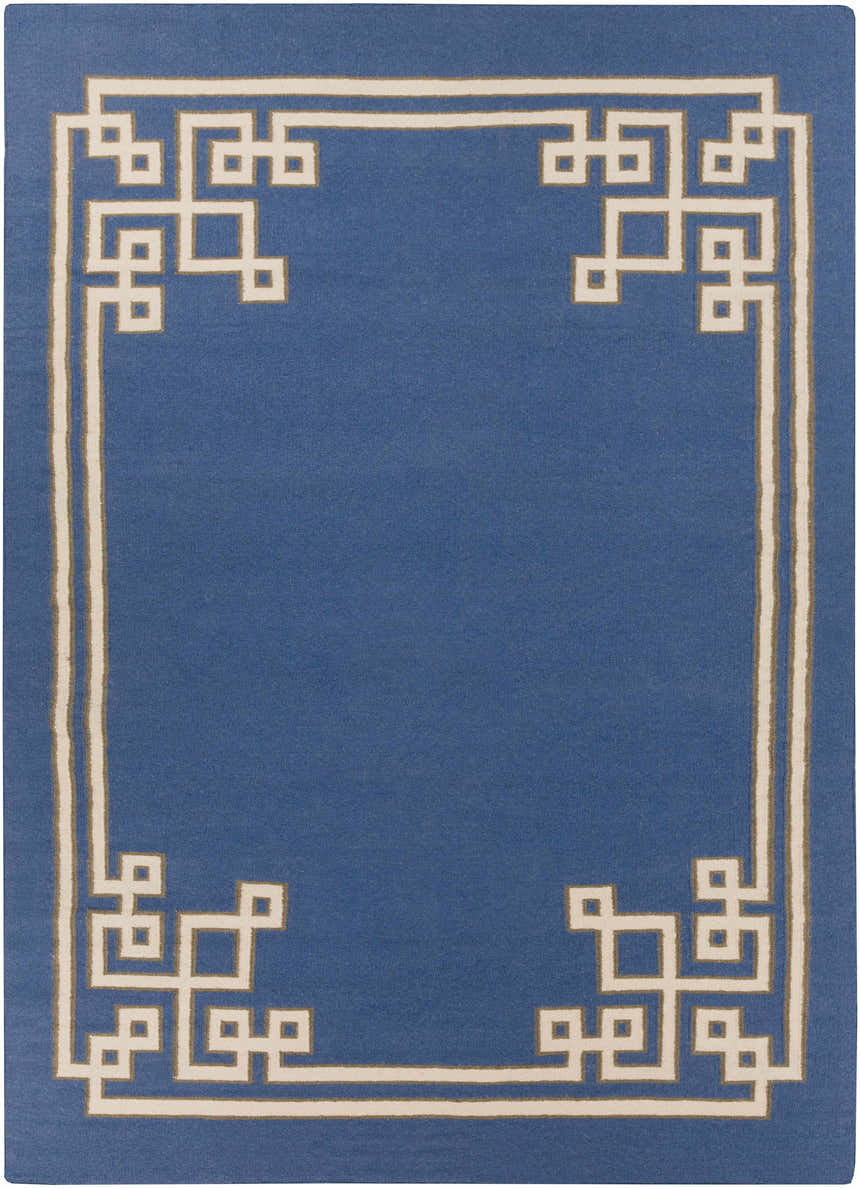 Close-up of the Hinckley Area Rug. Dark blue wool rug with a beige geometric border pattern. Hand woven. Design-Rectangle-811