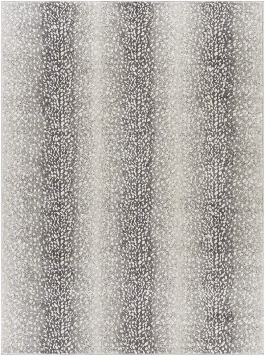 Close-up of Pointblank Black&Gray Antelope Print Rug. Contemporary style with charcoal, ivory, and gray animal print pattern. Design-Rectangle-537