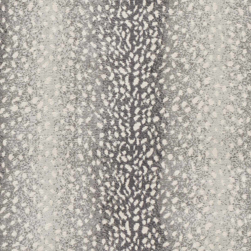 Close-up of Pointblank Black&Gray Antelope Print Rug. Charcoal, ivory, and gray tones with a textured, animal-inspired pattern. Swatch