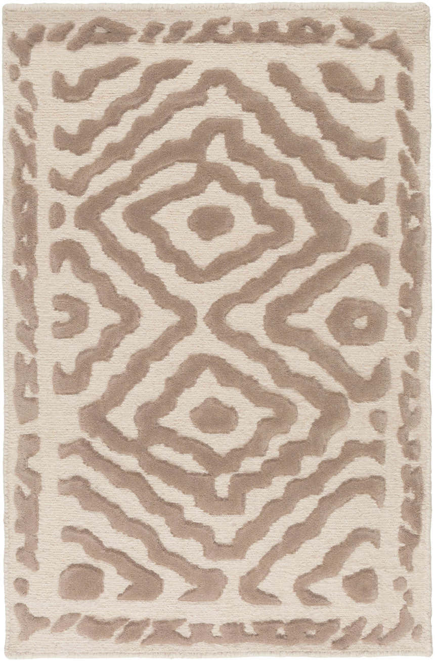 Close-up of the Halesworth Premium Area Carpet. Hand-knotted wool rug with a brown geometric pattern on a light beige background. Design-Rectangle-23