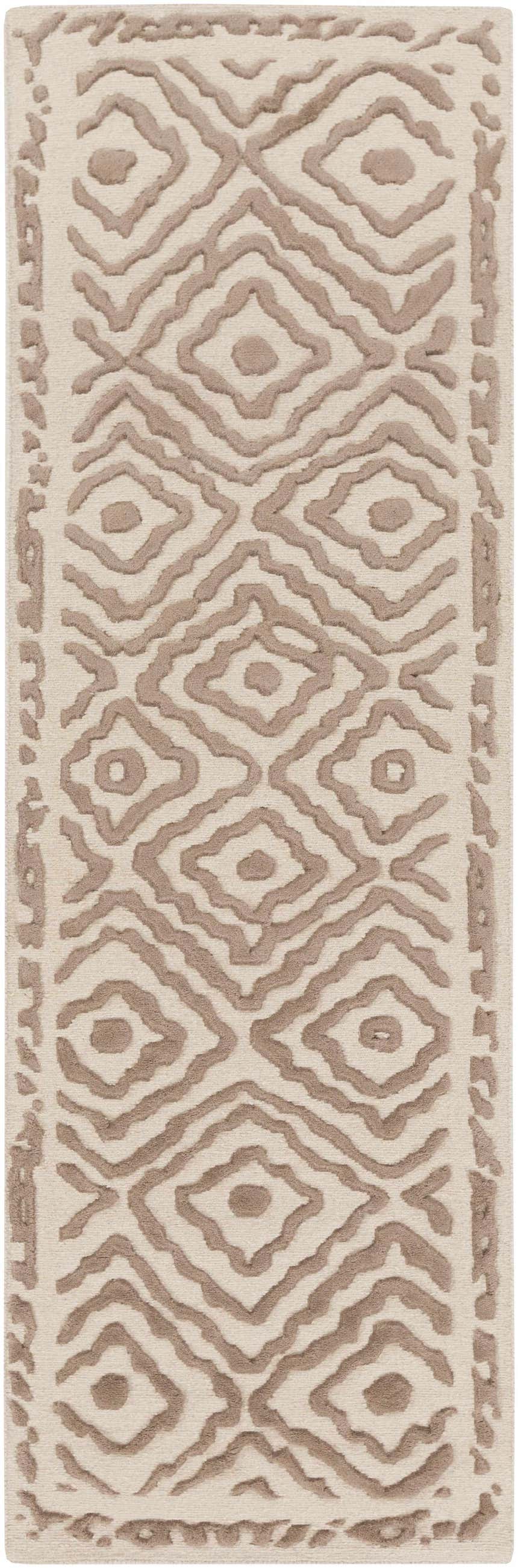 Close-up of Halesworth Premium Area Carpet runner. Beige wool rug with a brown geometric diamond pattern. Hand knotted texture. Design-Runner-268
