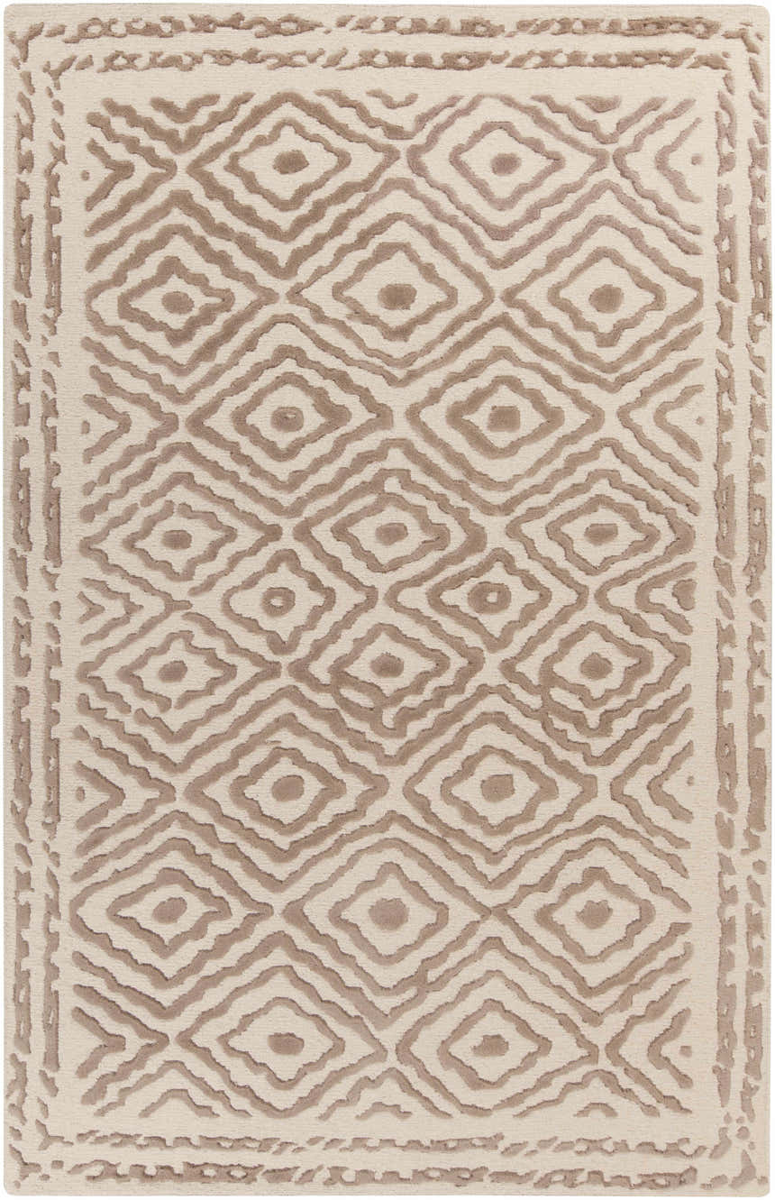 Close-up of the Halesworth Premium Area Carpet, a hand-knotted wool rug with a brown diamond pattern on a light beige background. Design-Rectangle-58