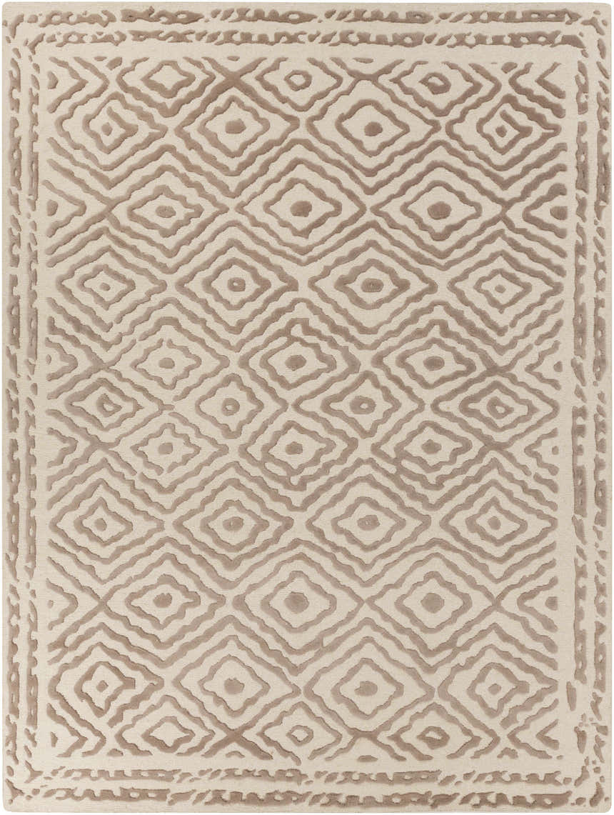 Close-up of Halesworth Premium Area Carpet in light beige and brown, featuring a geometric diamond pattern and hand-knotted texture. Design-Rectangle-811