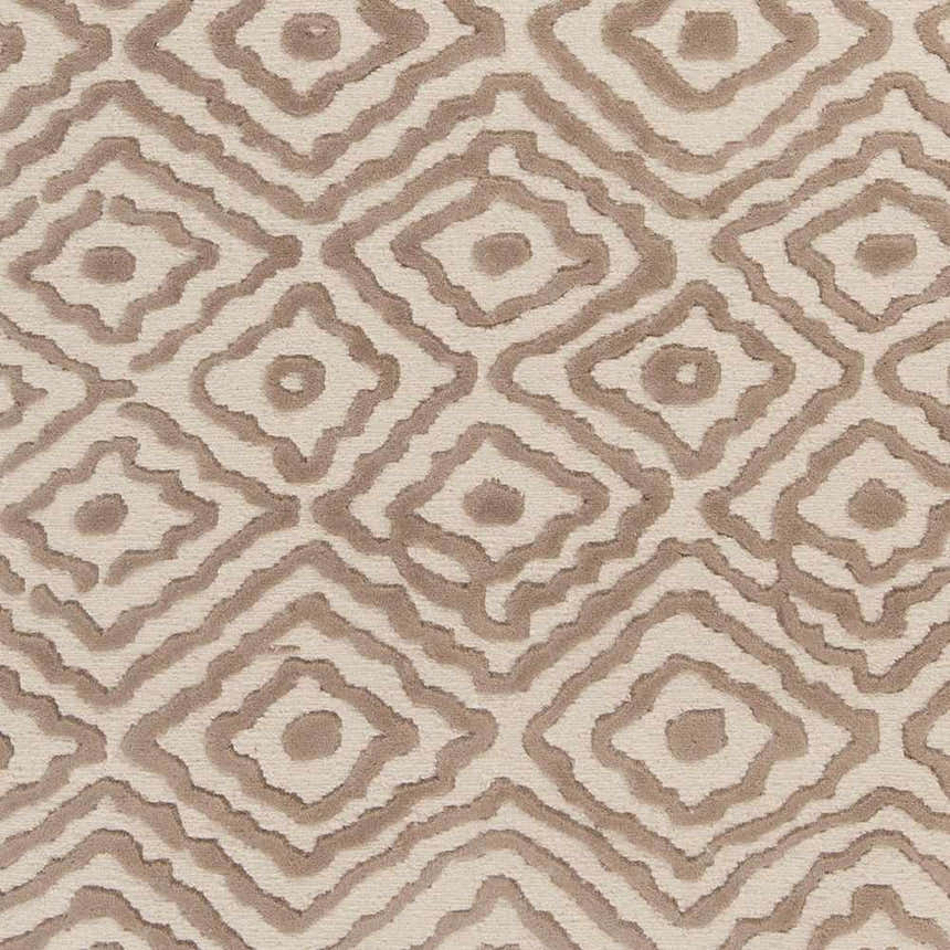 Close-up of the Halesworth Premium Area Carpet. Brown diamond pattern on a light beige wool rug. Hand knotted texture. Swatch