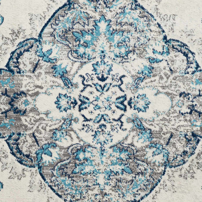 Close-up of Holmwood Area Carpet showing cream, gray, light blue, and navy floral bohemian pattern. Swatch