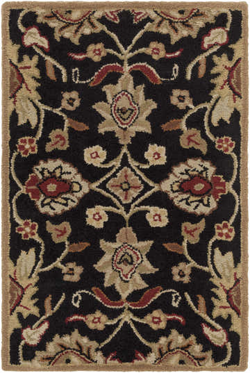 Close-up of the Conesus 1053 hand-tufted wool rug. Black background with brown, red, and oatmeal floral and vine pattern. Design-Rectangle-23