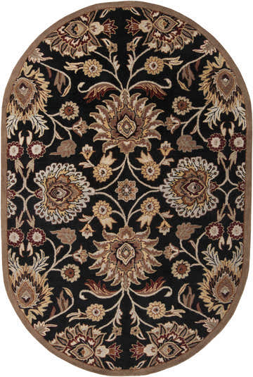 Oval Conesus 1053 hand-tufted black wool rug with a traditional floral pattern in brown, red, and oatmeal tones. Design-Oval-69