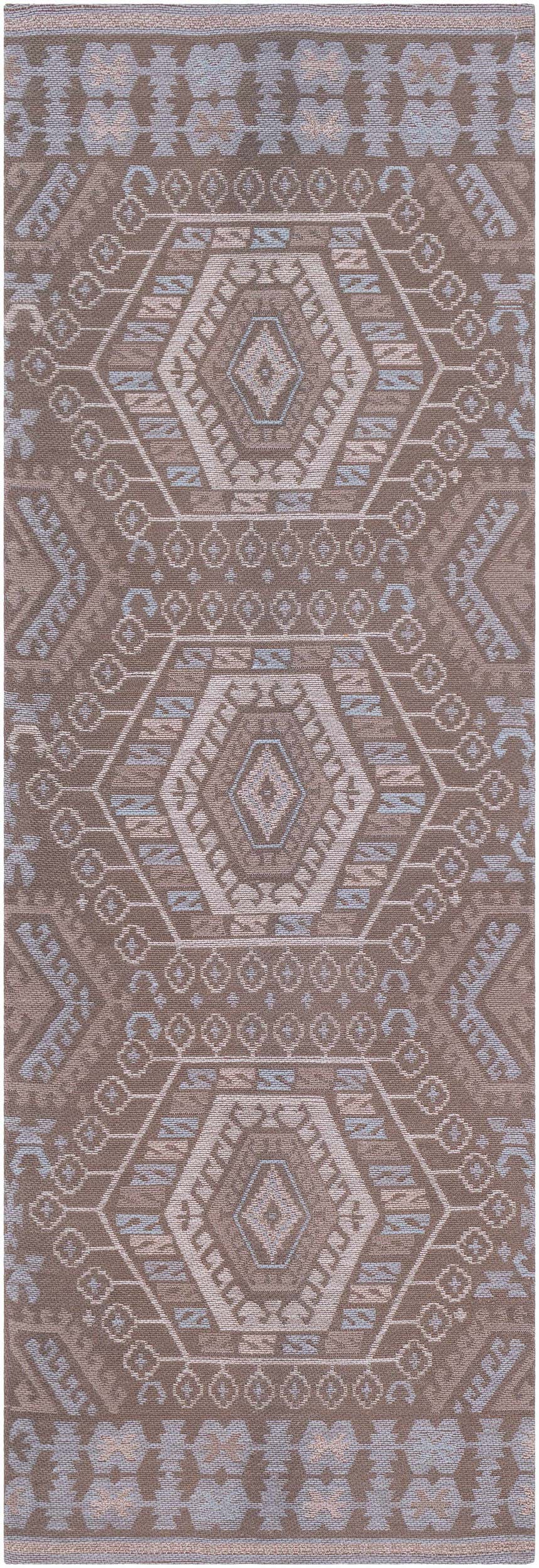 Close-up of the Honeydew Area Rug showing a hand-woven geometric pattern in cream, brown, gray, and sky blue. Design-Runner-268