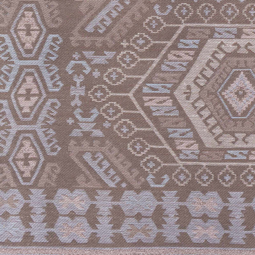 Close-up of the Honeydew Area Rug showing a hand-woven geometric pattern in cream, brown, light gray, and sky blue. Swatch