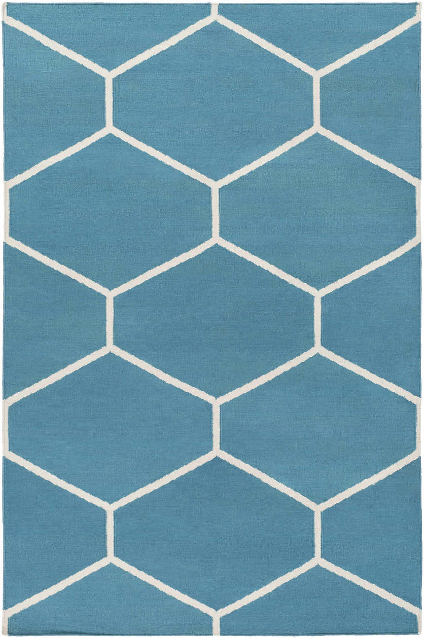 Close-up of the Hoskins Area Carpet. Denim blue cotton rug with an off-white geometric hexagon pattern. Hand woven. Design-Rectangle-576