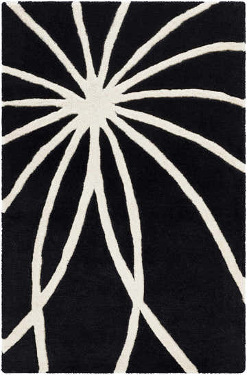 Close-up of the Davison Black Geometric Wool Carpet featuring a cream starburst design on a black background. Design-Rectangle-23