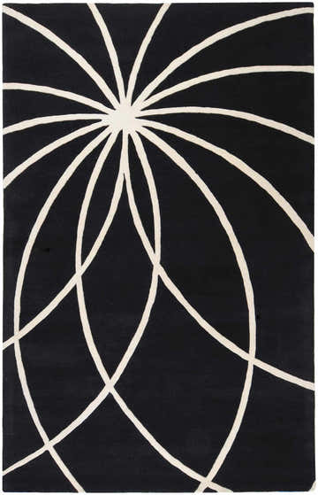 Close-up of the Davison Black Geometric Wool Carpet. Features a cream, abstract floral design on a black background. Design-Rectangle-58