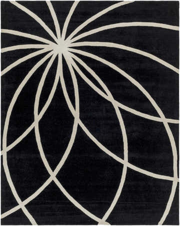 Close-up of the Davison Black Geometric Wool Carpet featuring a cream abstract pattern on a black background. Design-Rectangle-7696
