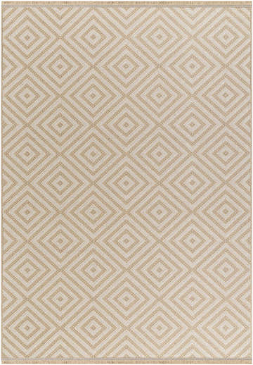 Close-up of the Uaine Washable Jute Rug, a beige and cream rug with a diamond pattern and woven texture. Design-Rectangle