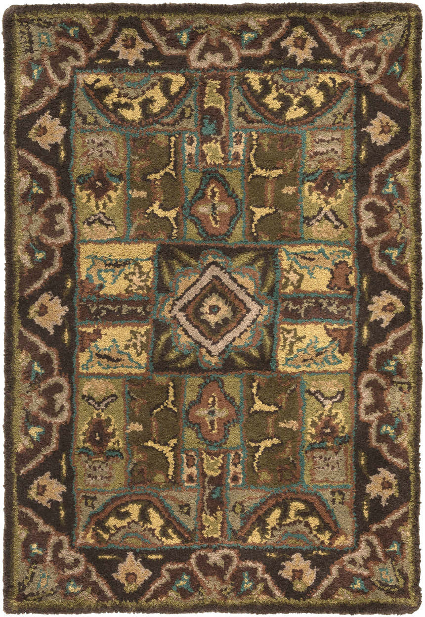 Detailed Huguenot 12x15 wool rug with traditional, farmhouse style. Features beige, brown, sage, teal, and mustard colors. Design-Rectangle-23