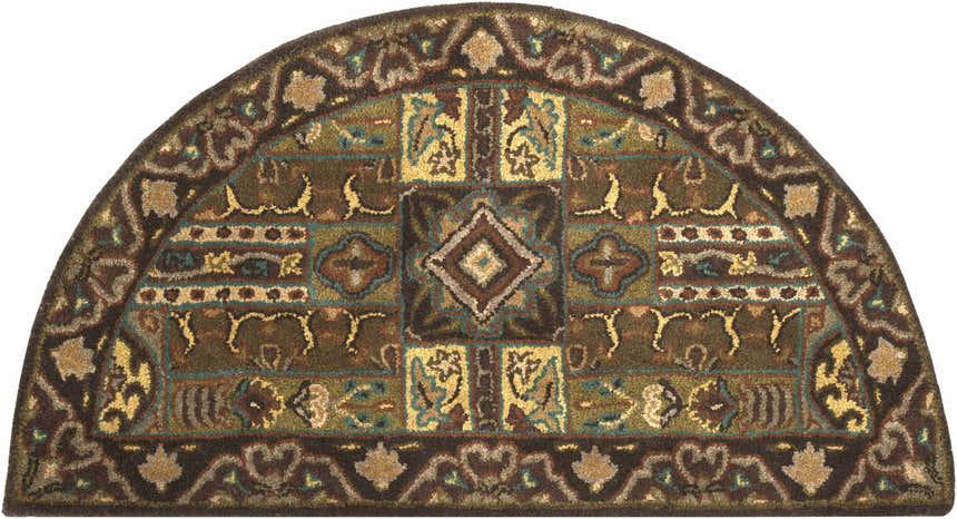 Detailed Huguenot wool rug in beige, brown, sage, mustard, and teal. Hand-tufted traditional design with an oval shape. Design-Hearth