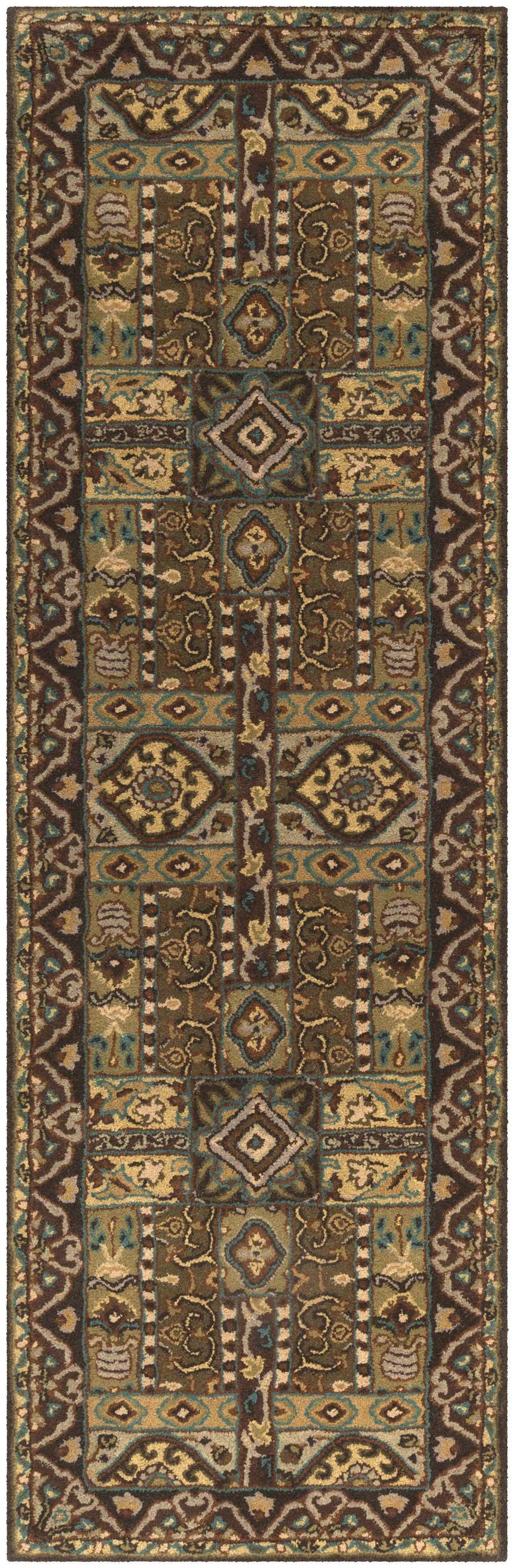 Detailed Huguenot 12x15 wool rug in beige, brown, teal, and olive. Hand-tufted with a traditional farmhouse pattern. Design-Runner-268