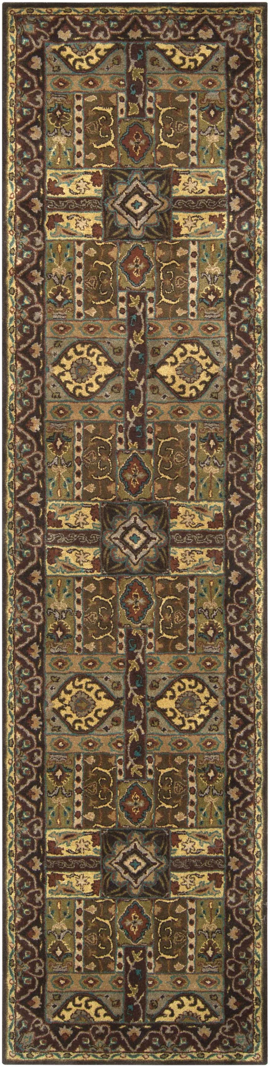 Detailed Huguenot wool rug with traditional farmhouse design in beige, brown, teal, olive, and mustard colors. Design-Runner-312