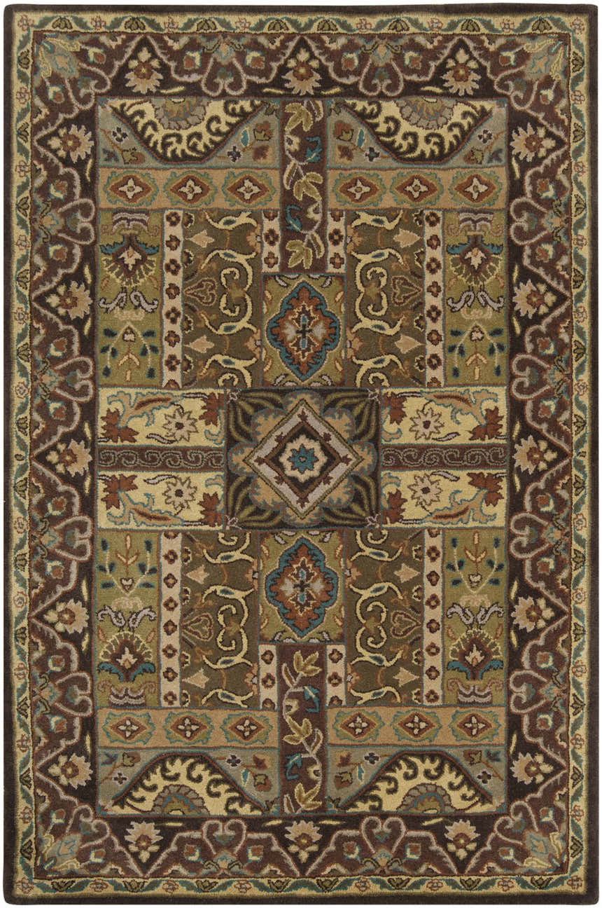 Detailed Huguenot 12x15 wool rug in beige, brown, olive, and teal. Traditional farmhouse style with floral and geometric patterns. Design-Rectangle-58