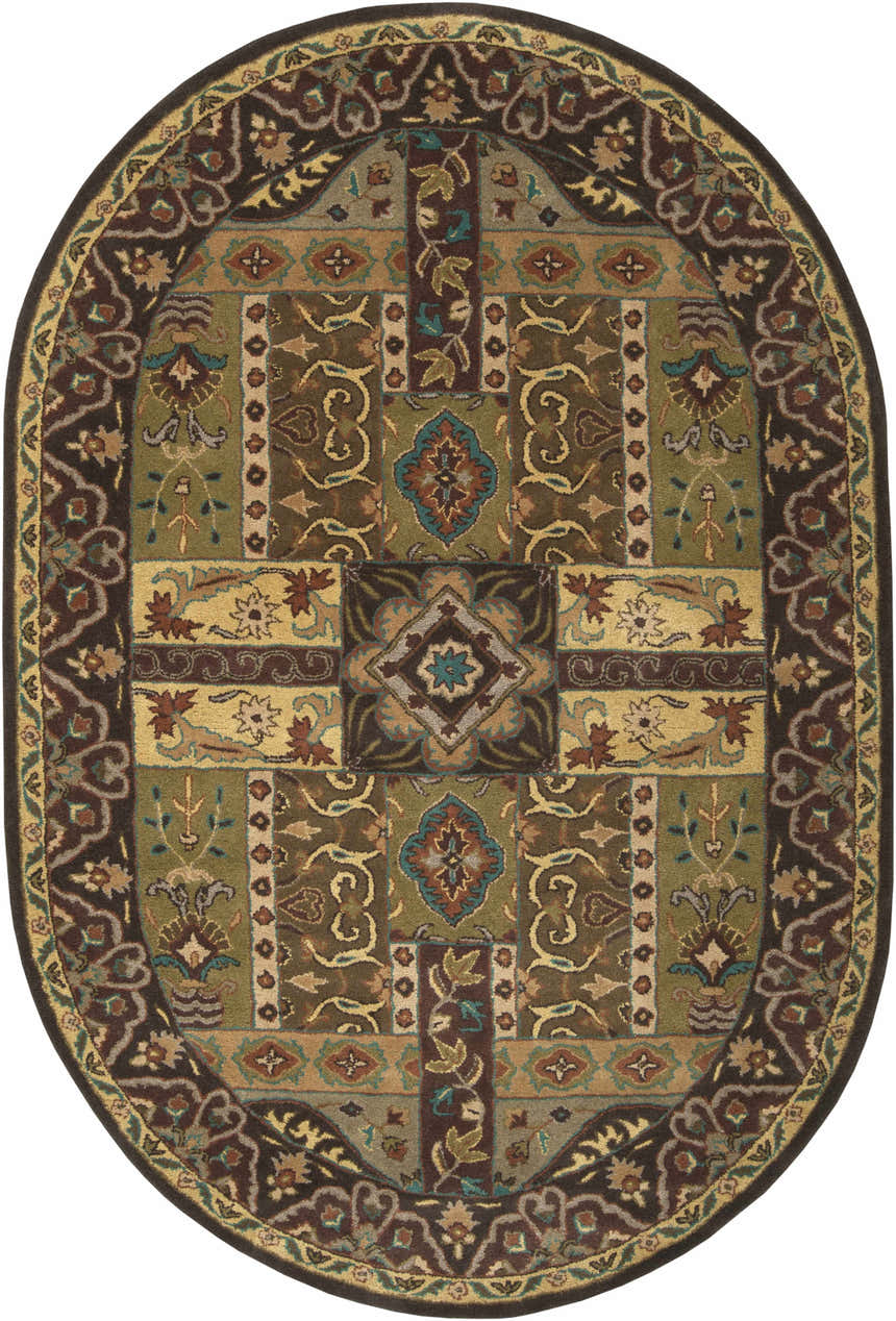 Detailed oval Huguenot rug in beige, brown, olive, and teal. Hand-tufted wool rug with traditional floral and geometric patterns. Design-Oval-69
