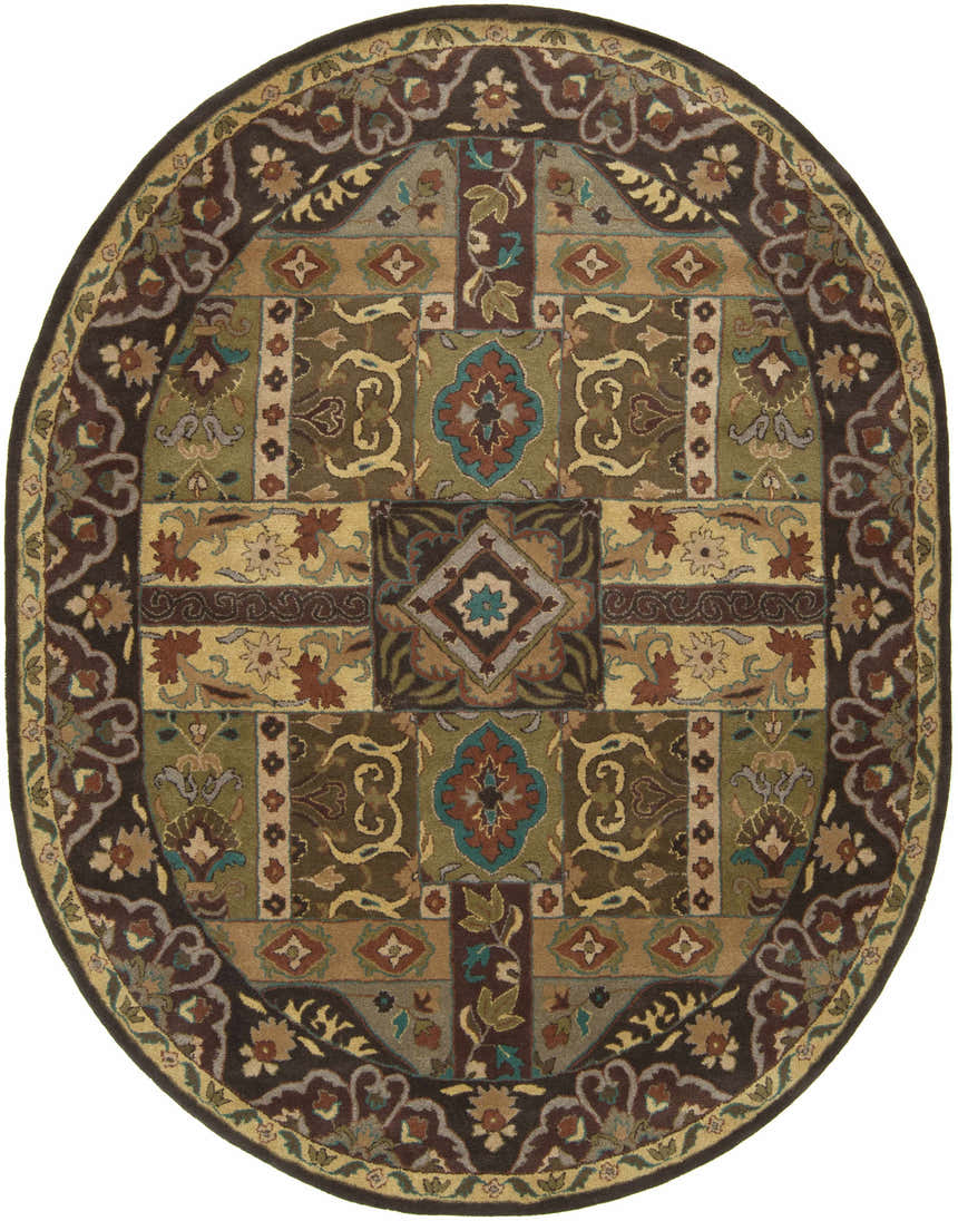 Detailed oval Huguenot wool rug in beige, brown, sage, and teal. Farmhouse style with traditional floral and geometric patterns. Design-Oval-810
