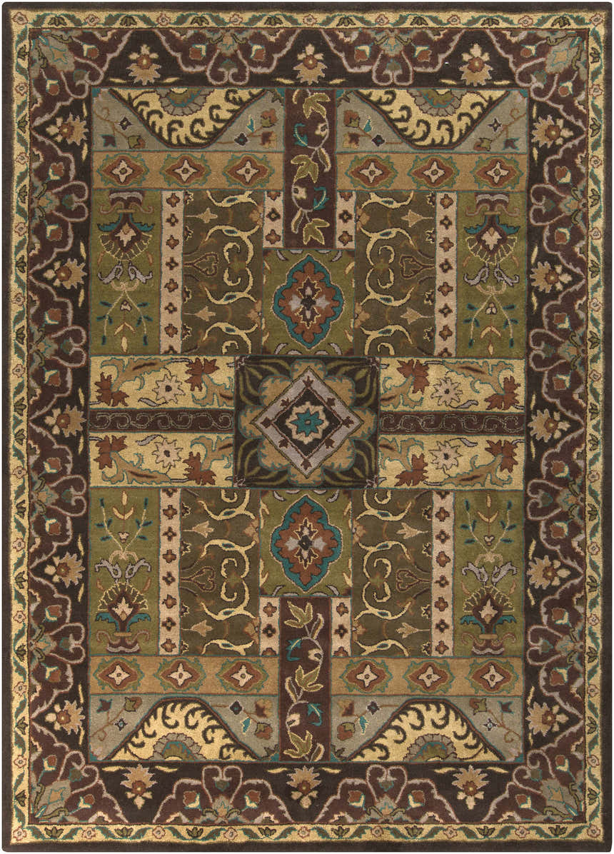 Detailed Huguenot 12x15 wool rug featuring a traditional pattern in beige, brown, sage, mustard, and teal hues. Hand-tufted texture. Design-Rectangle-811