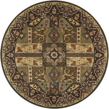Detailed round Huguenot wool rug in beige, brown, teal, and olive tones with a traditional floral and geometric pattern. Design-Round-8