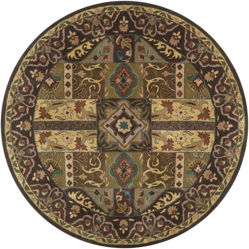 Detailed round Huguenot wool rug in beige, brown, teal, and olive tones with a traditional floral and geometric pattern. Design-Round-8