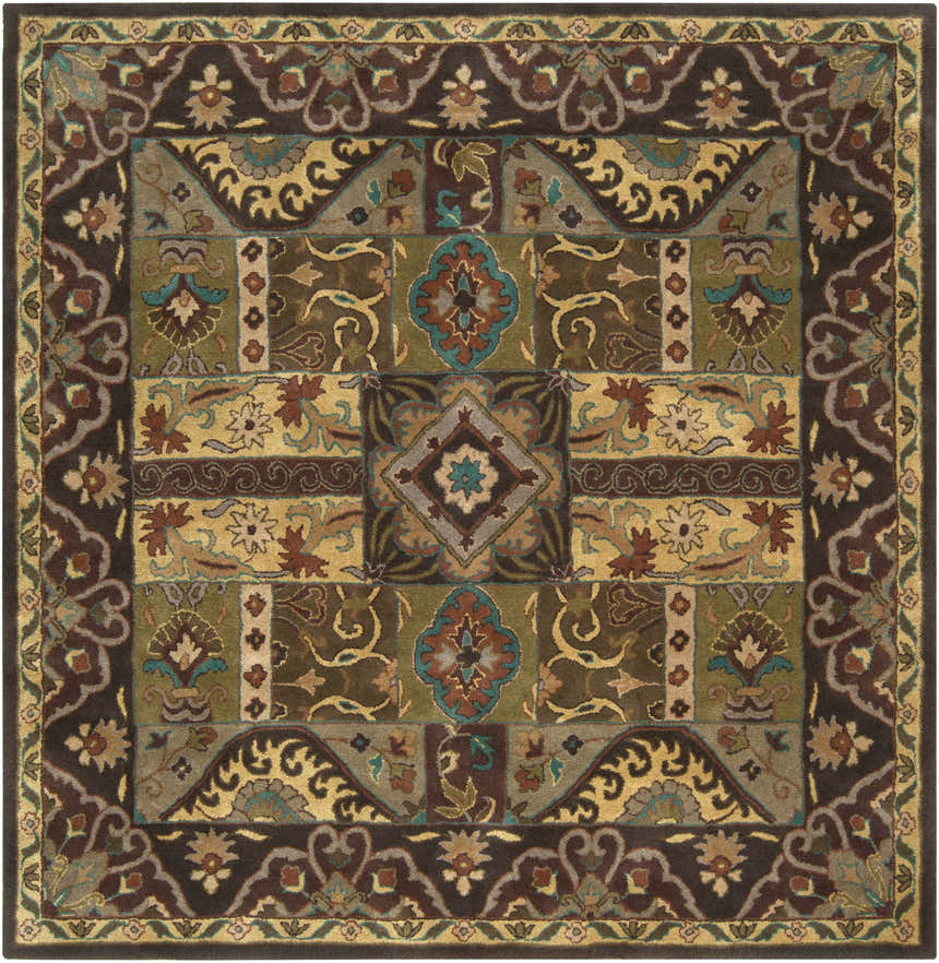 Detailed Huguenot 12x15 wool rug with a traditional, farmhouse style. Features beige, brown, and teal floral patterns. Hand-tufted texture. Design-Square-8