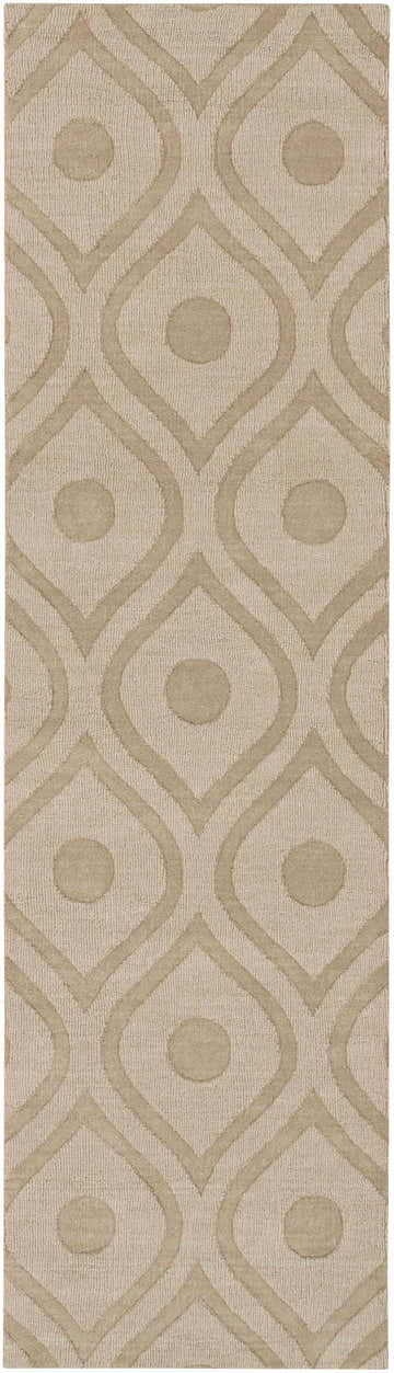 Close-up of the Hundred Area Rug in tan wool, featuring a contemporary geometric pattern with circles and striped texture. Design-Runner-38