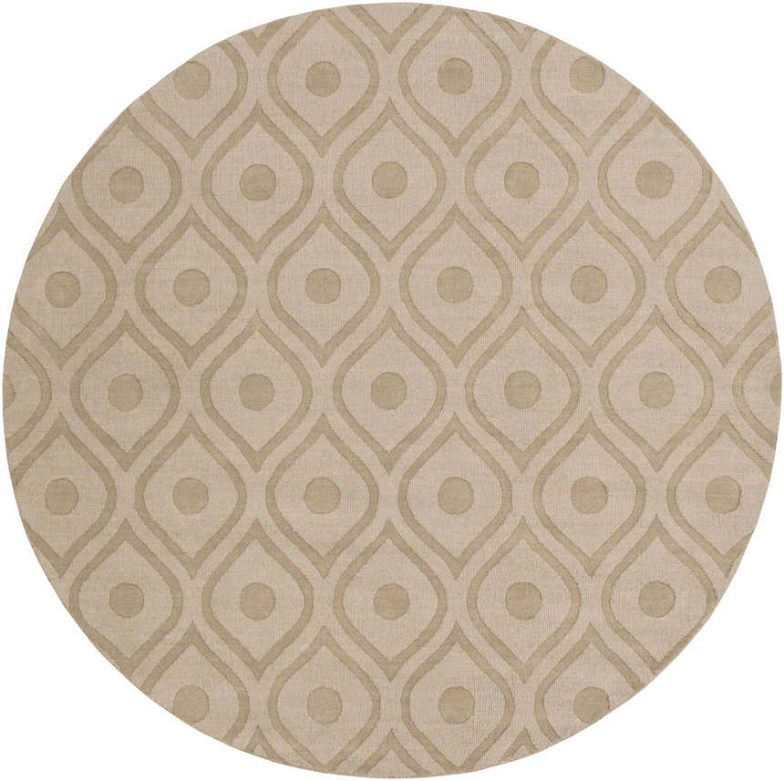 Close-up of a round, tan Hundred Area Rug. The wool rug has a contemporary geometric pattern. Design-Round-79